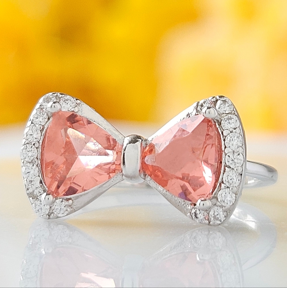Peach Pink Coral bow gemstone ring, 925 Sterling Silver